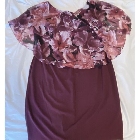 CONNECTED APPAREL Womens Burgundy Flora Cape Below The Knee Shift Dress Plus 20W - Picture 10 of 13